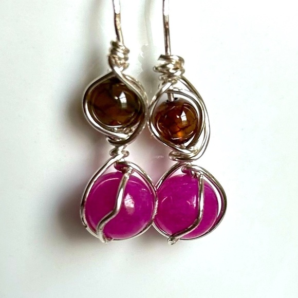 Tiger eyes fuchsia agate lot of three pairs wired handmade earrings .New - Picture 6 of 6